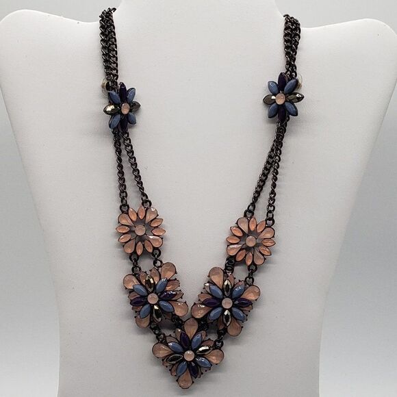 Vintage Costume Jewelry Cluster Floral Pink Blue Necklace Earring & Bracelet Set - Picture 14 of 15